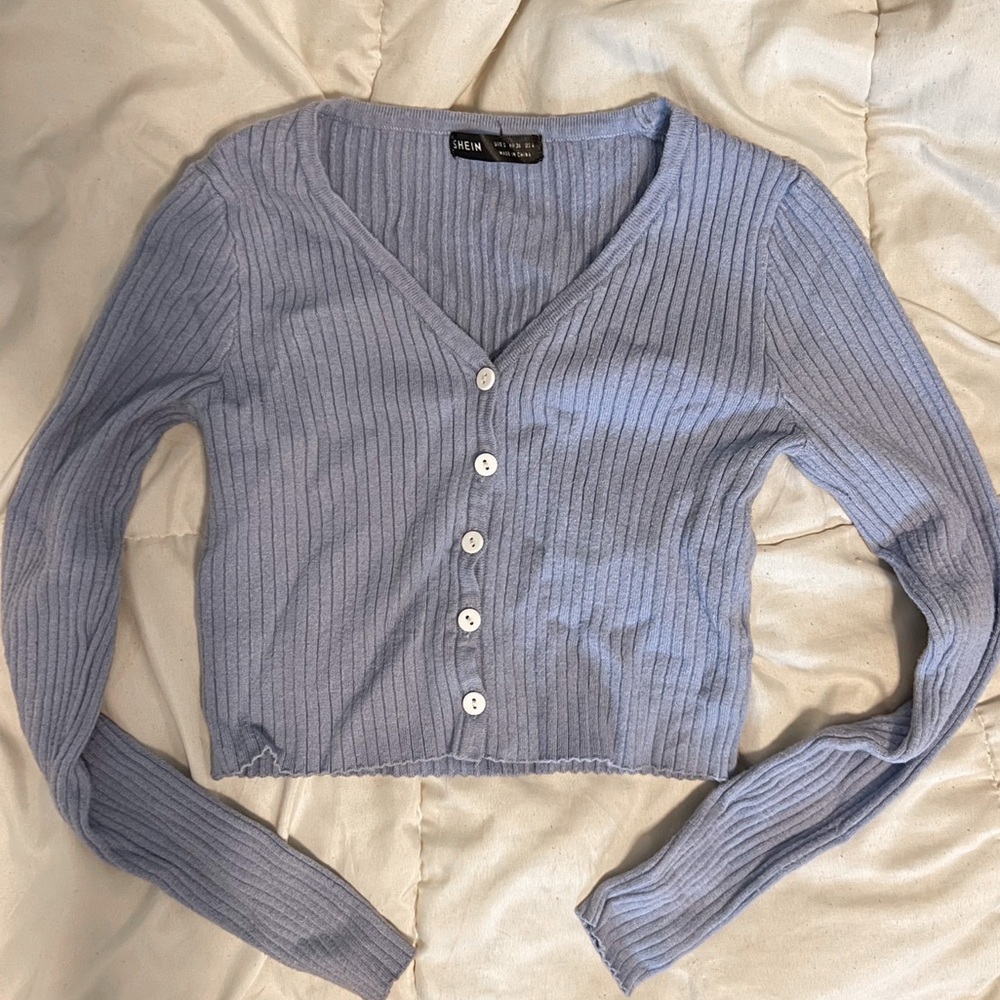 blue button up cropped cardigan / sweater
